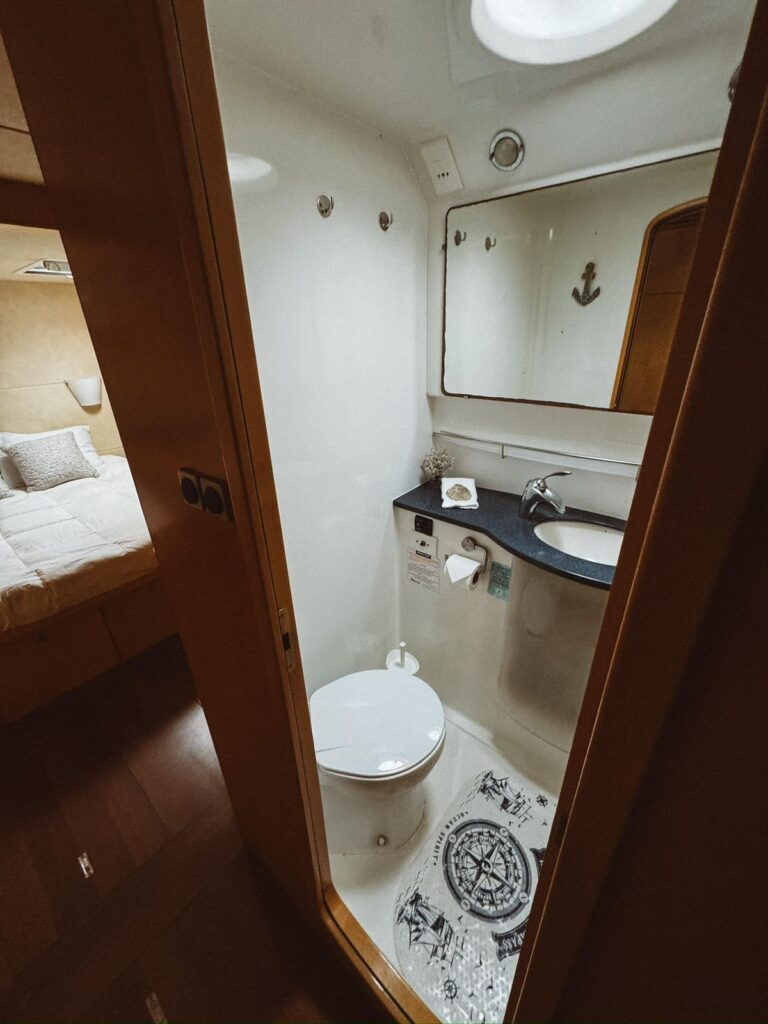 Private bathroom cabin inside Tamarindo luxury catamaran