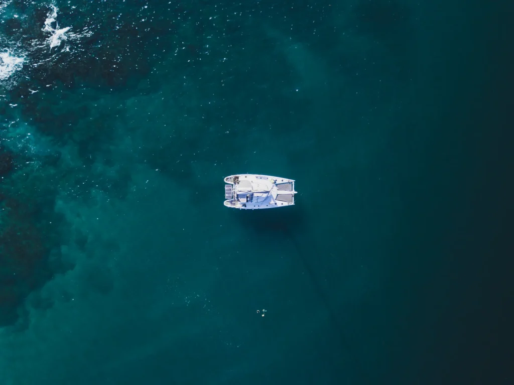 Aerial view of Why Not catamaran at sea