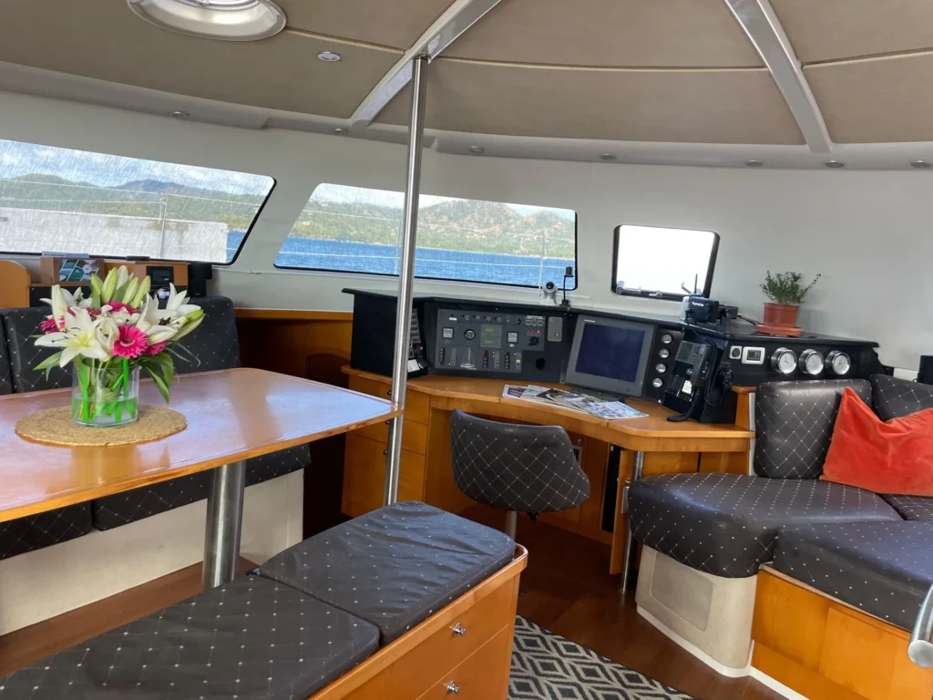 Interior salon and seating aboard Why Not
